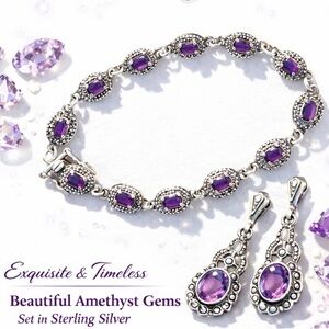 Amethyst Sterling Silver Bracelet and Dangle Earrings - Vintage